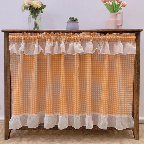 Ποιμενικό Στυλ Gingham Κοντές Κουρτίνες Με Λευκό Βολάν Διακοσμητικές Κουρτίνες Καφέ Για Ντουλάπι Κουζίνας Υφασμάτινες Κουρτίνες