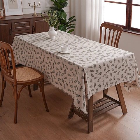 Nordic Minimalist Cotton Linen Tablecloth Rectangular Table Mat With Tassels Botanical Leaf Pattern For Home Dining Room