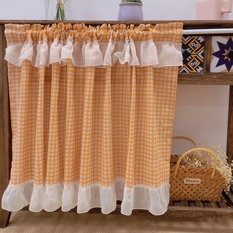 Ποιμενικό Στυλ Gingham Κοντές Κουρτίνες Με Λευκό Βολάν Διακοσμητικές Κουρτίνες Καφέ Για Ντουλάπι Κουζίνας Υφασμάτινες Κουρτίνες