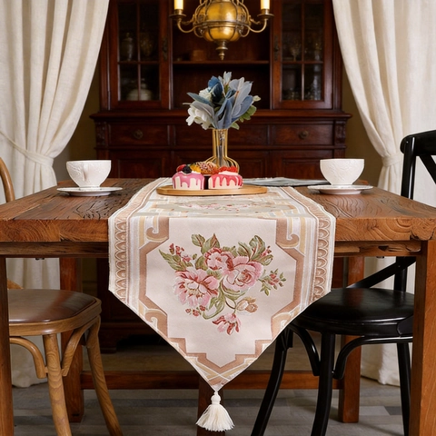 Vintage Floral Bestickt Tischläufer Mit Quasten Polyester Beige Rose Muster Klassische Tischdecke Für Esszimmer Zuhause Dekor