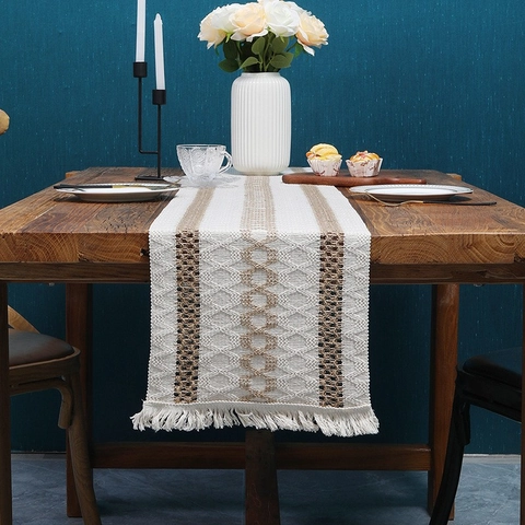 Bohemian Woven Table Runner Polyester Striped Splicing Tassel Farmhouse Decorative Dining Room Home Kitchen Table Cover