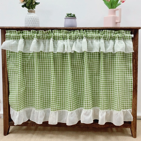 Ποιμενική Κουρτίνα Καφέ Gingham Κοντή Κουρτίνα Πόρτας Με Λευκό Διακοσμητικό Βολάν Υφασμάτινη Μισή Κουρτίνα για Διακόσμηση Ντουλαπιών Κουζίνας Αμερικανικού Στυλ