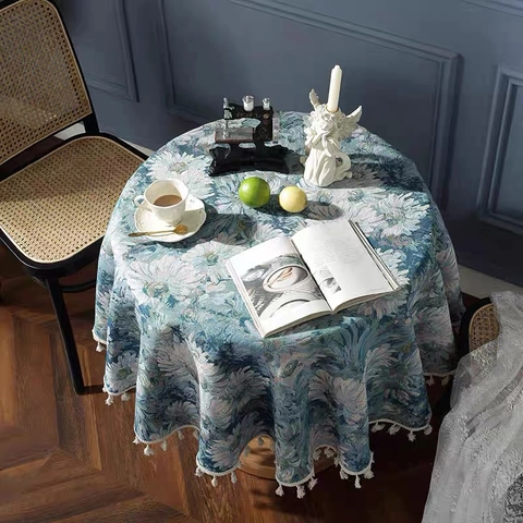 Round Tablecloth Vintage Floral Jacquard Table Cover With Tassels Bohemian Ethnic Style Washable Fabric For Dining Room