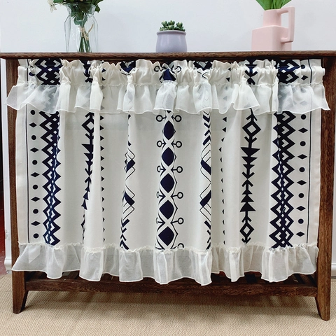 Bohemian Style Lace Coffee Curtain With Blue Geometric Print And Ruffle Edges For Kitchen Cabinet Door Small Window Decor