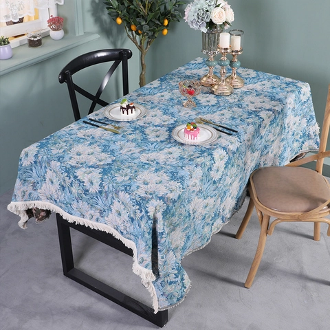 Nordic Oil Painting Style Blue Floral Tablecloth And Table Runner Oil-proof Heat Resistant Tassel Decor Home Dining Table Cover