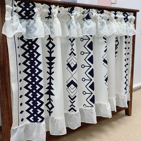 Bohemian Style Lace Coffee Curtain With Blue Geometric Print And Ruffle Edges For Kitchen Cabinet Door Small Window Decor