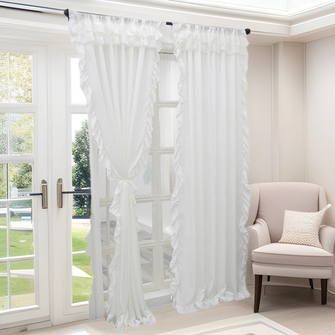 French Elegant White Sheer Curtain With Ruffles Rod Pocket Polyester Voile Light Transmitting Window Curtain For Living Room