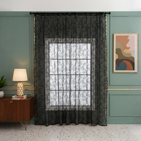 Vintage American Style Polyester Lace Curtain Floral Pattern Semi Sheer Mesh Window Screen For Bedroom Balcony Decor