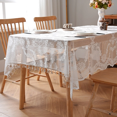 French Vintage Romantic Lace Tablecloth With Tassels Elegant Floral Polyester Table Cover For Dining Coffee Table Home Decor