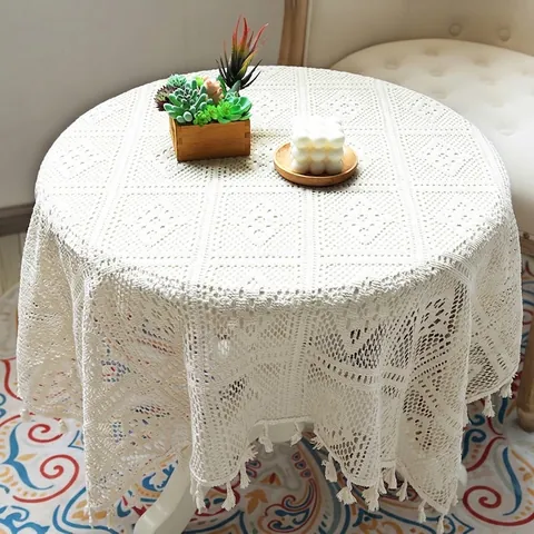 Mantel de Encaje de Ganchillo Vintage Americano Beige Calado Redondo Con Borlas para Comedor Mesa de Centro Decoración del Hogar