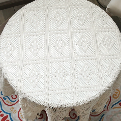Mantel de Encaje de Ganchillo Vintage Americano Beige Calado Redondo Con Borlas para Comedor Mesa de Centro Decoración del Hogar