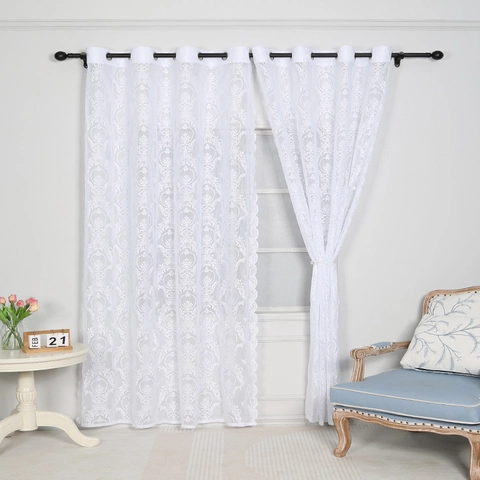 Elegant Polyester Lace Curtains With Damask Floral Embroidery White Black Sheer Voile Window Drapes For Living Room Bedroom