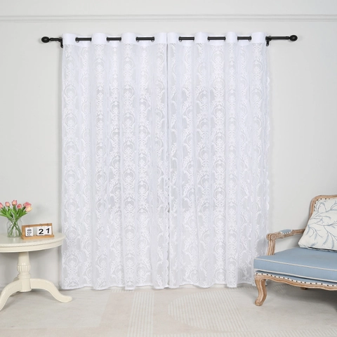Elegant Polyester Lace Curtains With Damask Floral Embroidery White Black Sheer Voile Window Drapes For Living Room Bedroom