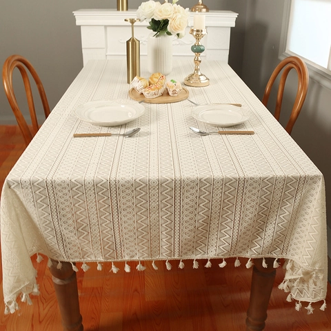 Amerikanische Retro Bohemian Hohl Gewebte Tischdecke Mit Quasten Beige Rechteckige Spitze Esstischbezug Für Zuhause