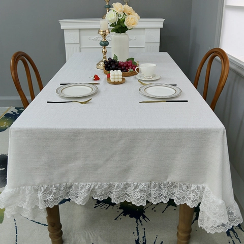 Mantel de Poliéster Minimalista Nórdico Con Elegante Borde de Encaje Textura de Lino Color Sólido Cubierta de Mesa Antipolvo para Mesa de Comedor Mesa de Centro Decoración del Hogar