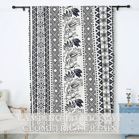 Bohemian Polyester Curtain Mandala Geometric Floral Print Black And White Tassel Fringe Curtains For Living Room Balcony