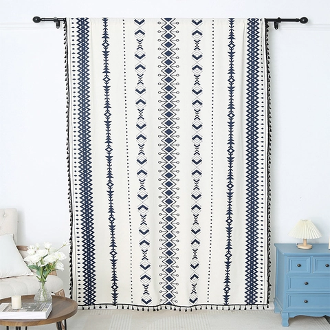 Bohemian Polyester Curtain Mandala Geometric Floral Print Black And White Tassel Fringe Curtains For Living Room Balcony