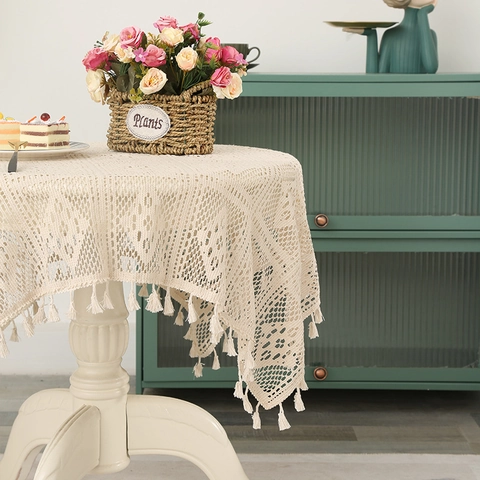 Retro Hohl Häkelspitze Tischdecke Mit Quastenfransen Elegante Polyester Esstischabdeckung Für Heim Hochzeit Party Dekor