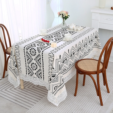 Modern Minimalist Polyester Tablecloth With Lace Trim Gingham Geometric Floral Pattern Rectangular Dustproof Table Cloth For Kitchen Dining Decor