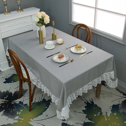 Mantel de Fibra Sintética Simple Nórdico con Aspecto de Lino Cubierta de Mesa de Comedor con Elegante Borde de Encaje Blanco Antipolvo