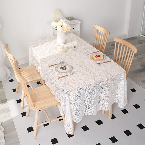 Mantel de Encaje Blanco Minimalista Moderno Rectangular Calado Floral de Poliéster Cubierta de Mesa para Comedor Decoración del Hogar Boda