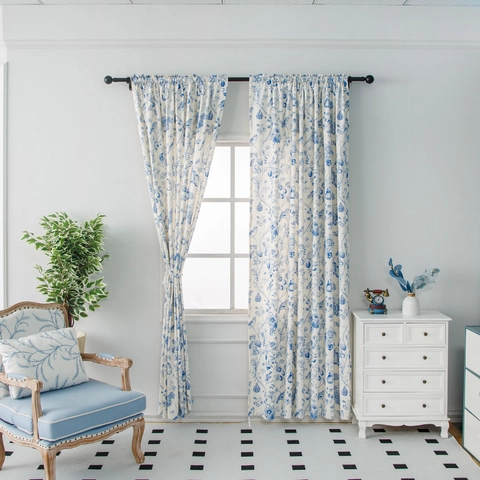 French Country Floral Bird Printed Polyester Curtain Botanical Pattern Semi-Blackout Window Treatment For Living Room Bedroom Decor