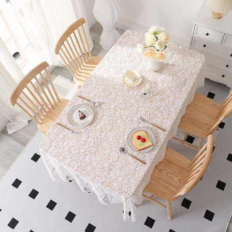 Mantel de Encaje Blanco Minimalista Moderno Rectangular Calado Floral de Poliéster Cubierta de Mesa para Comedor Decoración del Hogar Boda