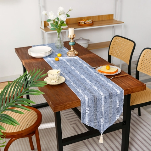 Nordic Style Handwoven Table Runner Polyester Cotton Linen Texture Striped Geometric Pattern With Tassels For Dining Table Home Decor