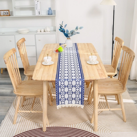 Camino de Mesa Geométrico Minimalista Moderno Con Borlas Azul Blanco De Poliéster Para Decoración De Mesa De Comedor