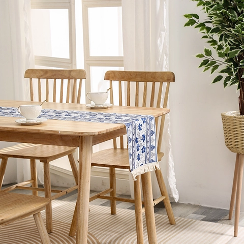 Camino de Mesa de Poliéster Minimalista Moderno Borlas Nordic Azul Blanco Cuadrícula Floral Comedor Boda Fiesta Hogar Decoración