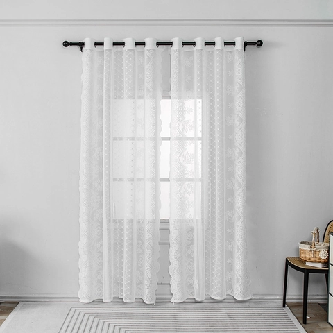 French Lace Curtains Hollow Out Floral Embroidery Semi Shading Grommet Top Window Drapes For Living Room Bedroom Home Decor