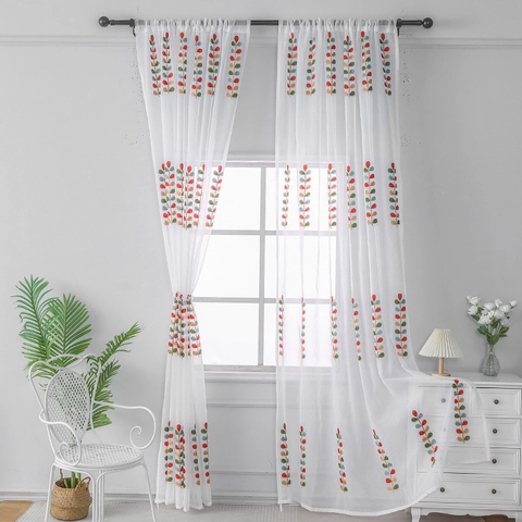 Rideau Voilage Blanc Moderne Broderie de Feuilles Colorées Draperie de Fenêtre Translucide pour Salon Chambre Décoration Maison
