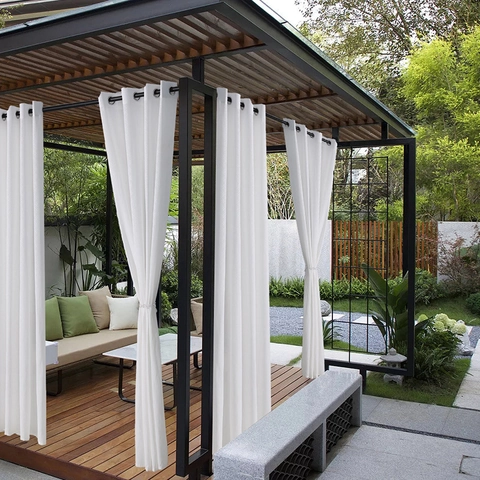 Outdoor Waterdichte Gordijnen Wit Transparant Jacquard Ringentop Gordijnen Voor Terras Tuin Paviljoen Pergola Zonwering Gordijnen