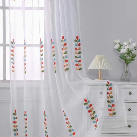 Rideau Voilage Blanc Moderne Broderie de Feuilles Colorées Draperie de Fenêtre Translucide pour Salon Chambre Décoration Maison