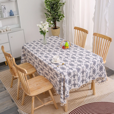 Cotton Linen Tablecloth Waterproof Oilproof Tassel Edge Nordic Minimalist Printed Rectangular Round Table Cloth Dining Decor