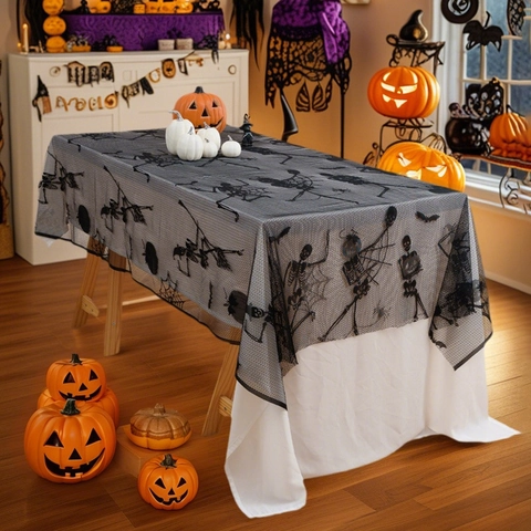 Halloween Schwarz Spitze Tischdecke Rechteckig Mesh Tischdecke Mit Totenkopf Fledermaus Spinnennetz Muster Für Party Dekor