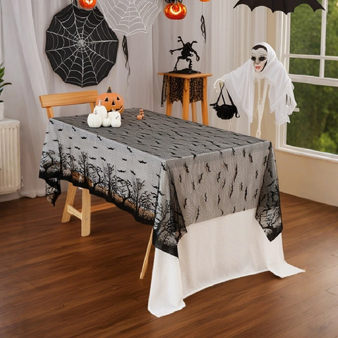 Nappe en Dentelle Noire d'Halloween Motif Chauve-Souris Citrouille Squelette Chemin de Table Rectangulaire pour Fête Maison