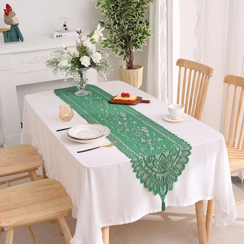 Vintage Lace Table Runner Hollow Out Crochet Flower Pattern With Tassels For Dining Room Decor Kitchen Table Decoration