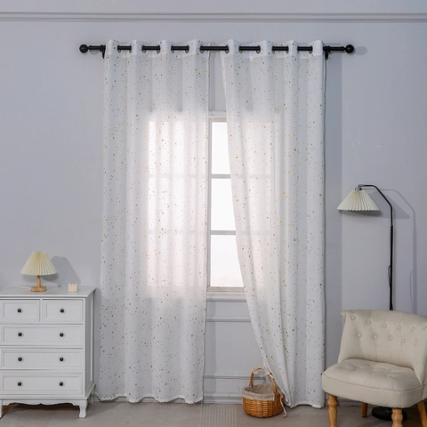 Modern Minimalist Polyester White Semi Blackout Curtains With Gold Stamping Star Leaf Pattern Grommet Top Window Treatment