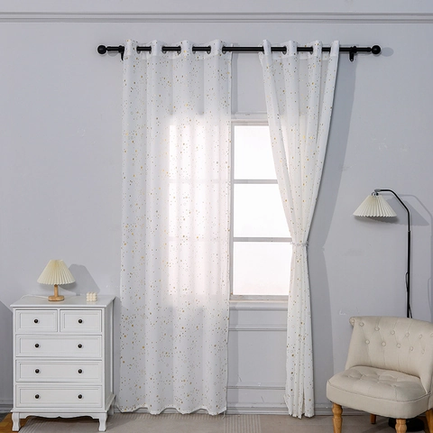 Modern Minimalist Polyester White Semi Blackout Curtains With Gold Stamping Star Leaf Pattern Grommet Top Window Treatment