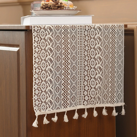 Retro Crochet Lace Table Runner With Tassels Hollow Out Floral Geometric Pattern Beige Polyester Table Decor For Wedding Party