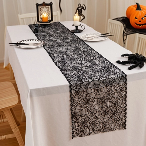 Chemin de Table en Dentelle Noire avec Toile d'Araignée pour Halloween Nappe en Maille Ajourée Décorative pour Fête Dîner Maison