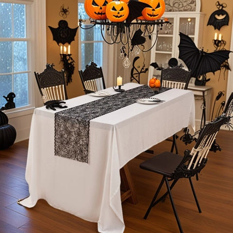 Chemin de Table en Dentelle Noire avec Toile d'Araignée pour Halloween Nappe en Maille Ajourée Décorative pour Fête Dîner Maison