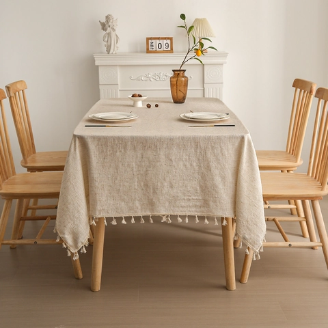 Minimalist Korean Style Polyester Tablecloth Linen Texture Fringe Tassel Table Cover Solid Color Beige Curtain For Home Decor