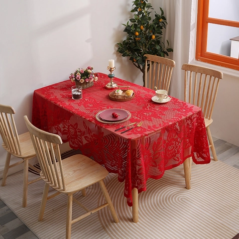 Elegant Floral Lace Tablecloth Hollow Out Polyester Table Cover Scalloped Edge Table Cloth For Dining Room Wedding Home Decor
