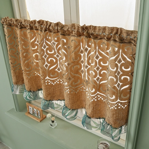Vintage Geborduurd Polyester Koffiegordijn Amerikaanse Retro Opengewerkt Kort Keukenvalance Met Ruffles Voor Huisdecoratie