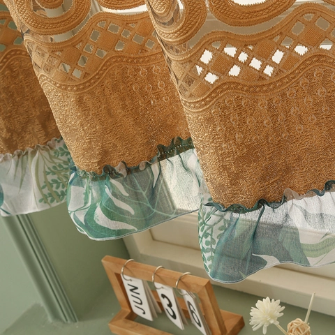 Vintage Geborduurd Polyester Koffiegordijn Amerikaanse Retro Opengewerkt Kort Keukenvalance Met Ruffles Voor Huisdecoratie