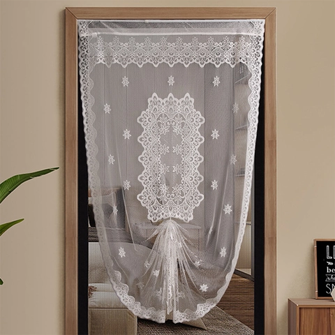 Witte Bloemen Kant Deurgordijn Noorse Stijl Polyester Geborduurd Transparant Mesh Sjaal Half-Transparant Privacy Scherm