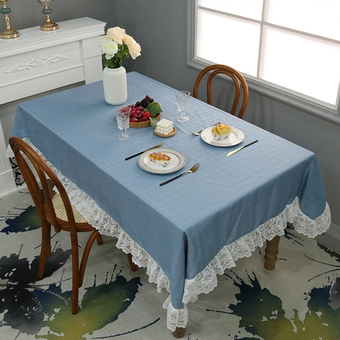 Mantel Efecto Lino Estilo Nórdico Con Borde de Encaje Blanco Antipolvo Rectangular Redondo Para Cocina Comedor