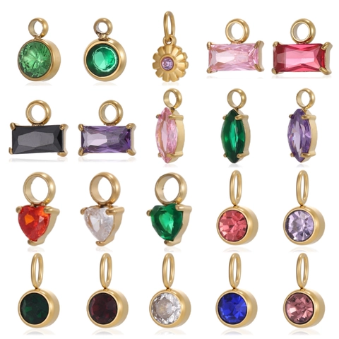 Stainless Steel Zirconia Pendant Geometric Jewelry Making DIY Heart Round Flower Shape Colorful Stone Charms For Necklaces